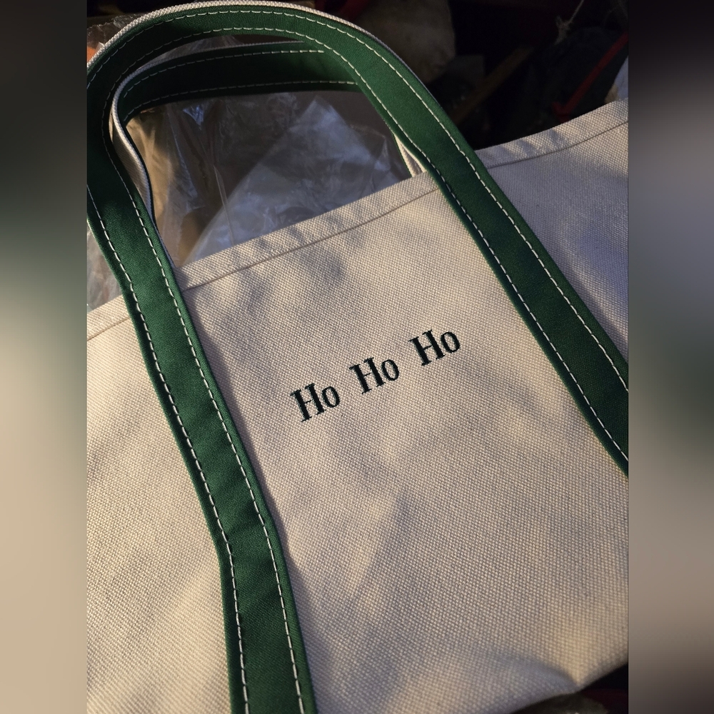 L.L. Bean Canvas Medium Boat Tote Bag "Ho Ho Ho" Custom Mono Green + White USA - Picture 2 of 6
